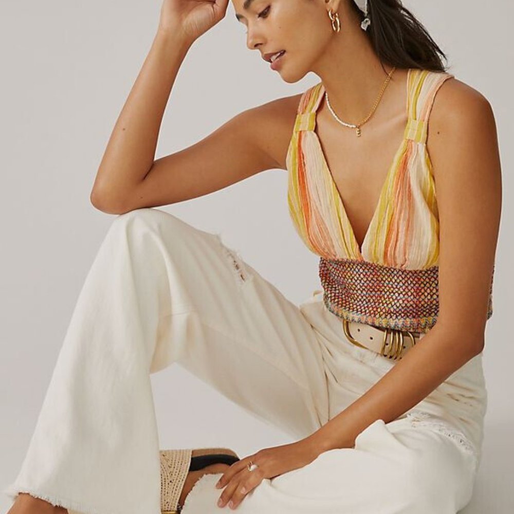 ANTHROPOLOGIE ~ STRIPED CROPPED HALTER TOP ~ L ~ SMOCKED ~